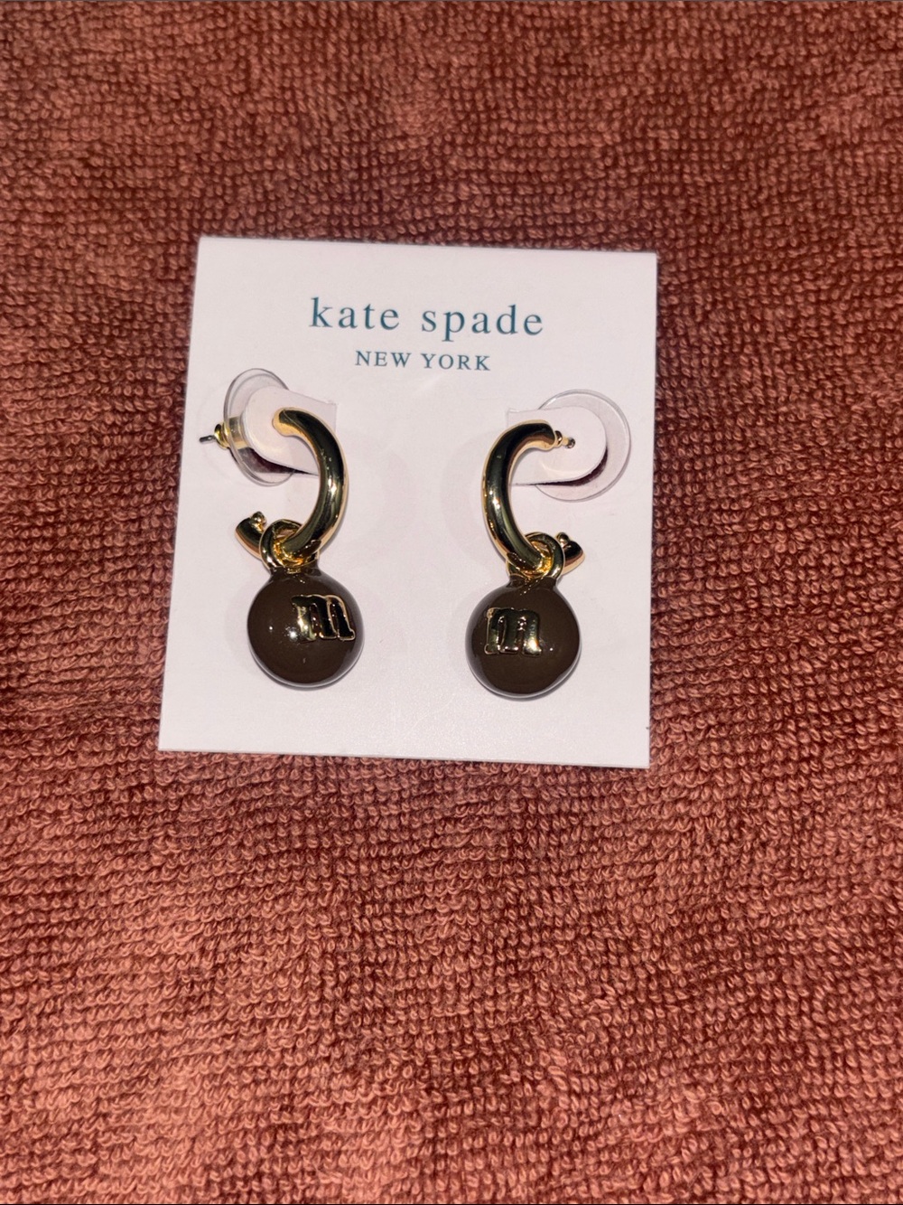 kate spade gold-tone hoop earrings with M&M brown enamel !!